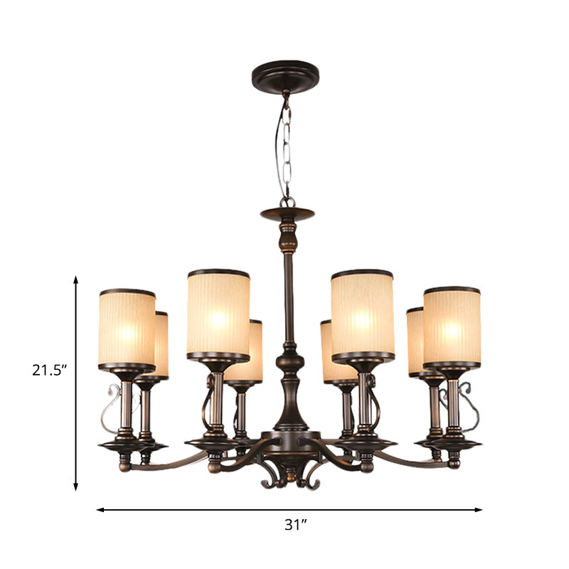 Beige Glass Black Chandelier Lamp Cylindrical 3/6/8 Heads Traditionalism Pendant Ceiling Light for Restaurant Clearhalo 'Ceiling Lights' 'Chandeliers' Lighting' options 1456365