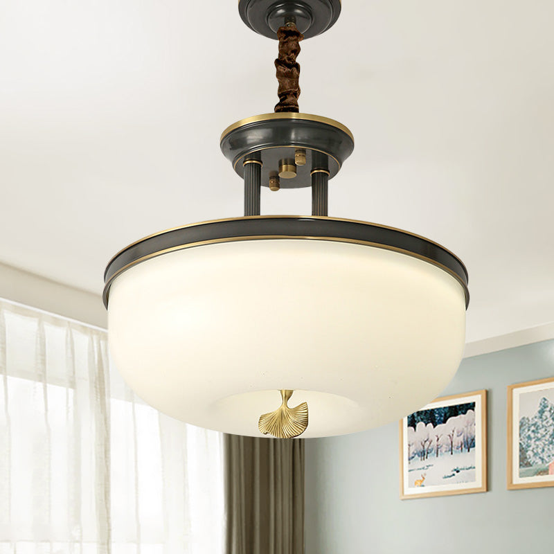 12"/16" W Gold/Black Bowl Pendant Chandelier Vintage Frosted White Glass Dining Room LED Hanging Light Clearhalo 'Ceiling Lights' 'Chandeliers' Lighting' options 1456382