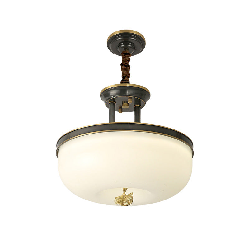 12"/16" W Gold/Black Bowl Pendant Chandelier Vintage Frosted White Glass Dining Room LED Hanging Light Clearhalo 'Ceiling Lights' 'Chandeliers' Lighting' options 1456385