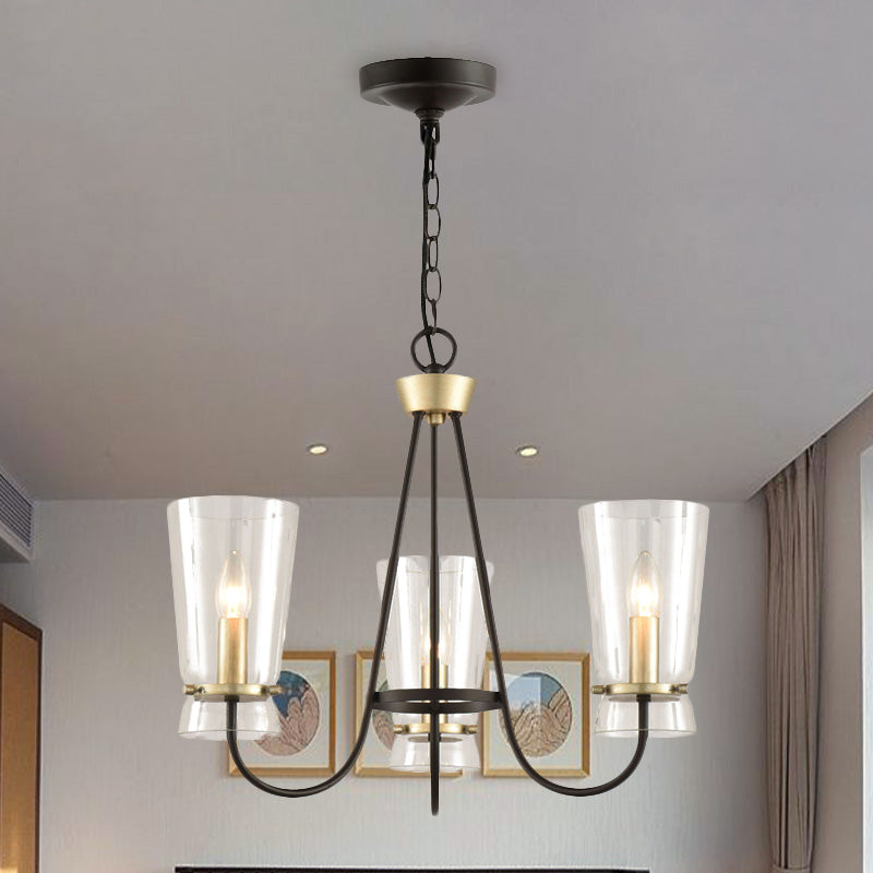 Clear Glass Cone Hanging Chandelier Vintage 3/6 Lights Bedroom Suspension Lamp in Black with Curving Arm Clearhalo 'Ceiling Lights' 'Chandeliers' Lighting' options 1456386