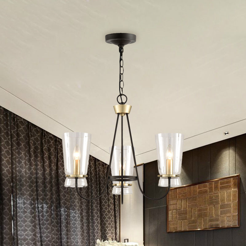 Clear Glass Cone Hanging Chandelier Vintage 3/6 Lights Bedroom Suspension Lamp in Black with Curving Arm Clearhalo 'Ceiling Lights' 'Chandeliers' Lighting' options 1456387