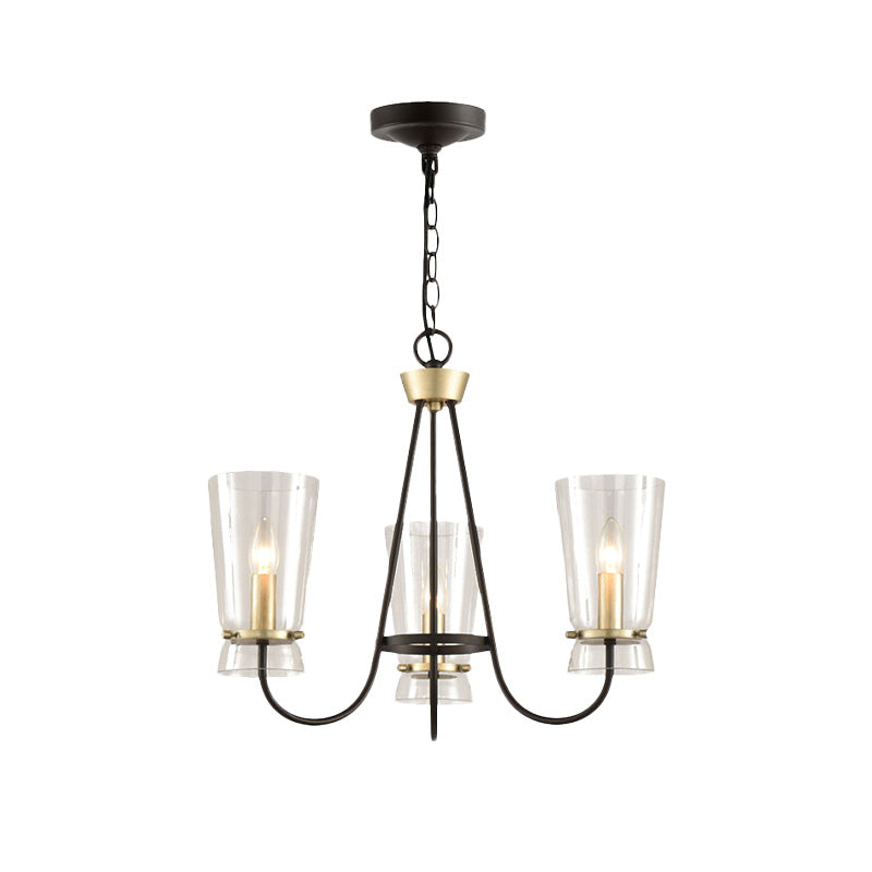 Clear Glass Cone Hanging Chandelier Vintage 3/6 Lights Bedroom Suspension Lamp in Black with Curving Arm Clearhalo 'Ceiling Lights' 'Chandeliers' Lighting' options 1456389