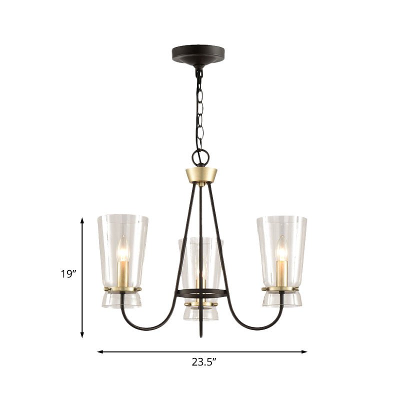 Clear Glass Cone Hanging Chandelier Vintage 3/6 Lights Bedroom Suspension Lamp in Black with Curving Arm Clearhalo 'Ceiling Lights' 'Chandeliers' Lighting' options 1456390