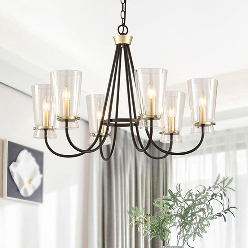 Clear Glass Cone Hanging Chandelier Vintage 3/6 Lights Bedroom Suspension Lamp in Black with Curving Arm Clearhalo 'Ceiling Lights' 'Chandeliers' Lighting' options 1456391