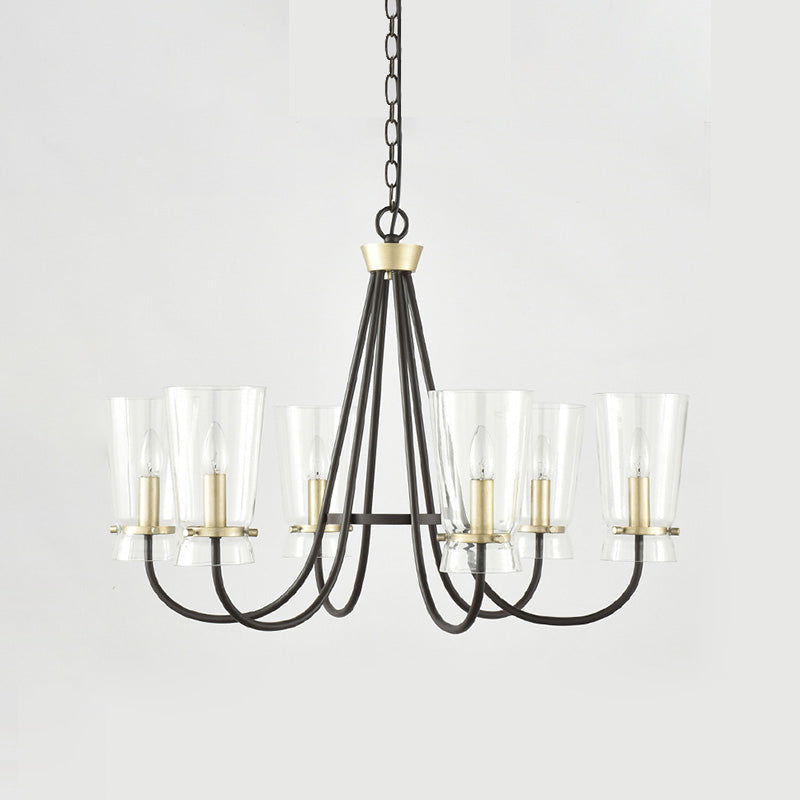 Clear Glass Cone Hanging Chandelier Vintage 3/6 Lights Bedroom Suspension Lamp in Black with Curving Arm Clearhalo 'Ceiling Lights' 'Chandeliers' Lighting' options 1456393