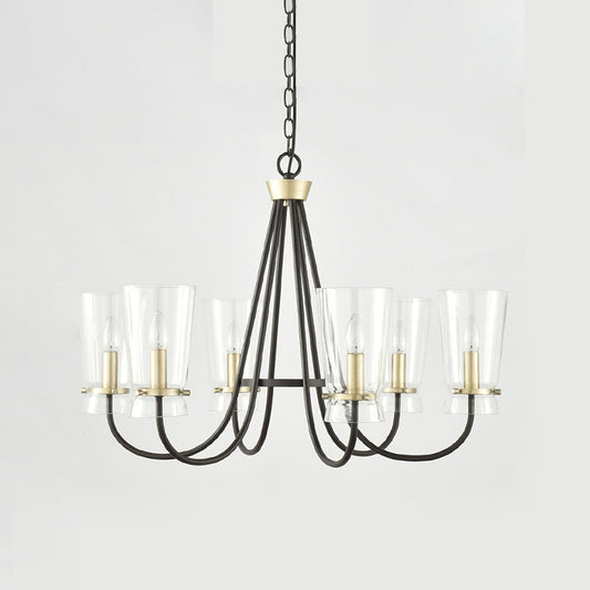 Clear Glass Cone Hanging Chandelier Vintage 3/6 Lights Bedroom Suspension Lamp in Black with Curving Arm Clearhalo 'Ceiling Lights' 'Chandeliers' Lighting' options 1456393