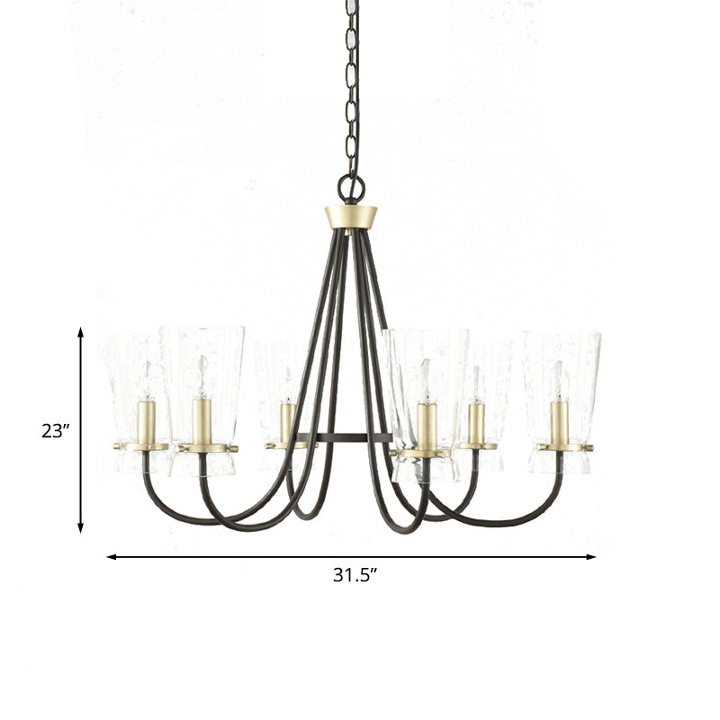 Clear Glass Cone Hanging Chandelier Vintage 3/6 Lights Bedroom Suspension Lamp in Black with Curving Arm Clearhalo 'Ceiling Lights' 'Chandeliers' Lighting' options 1456394