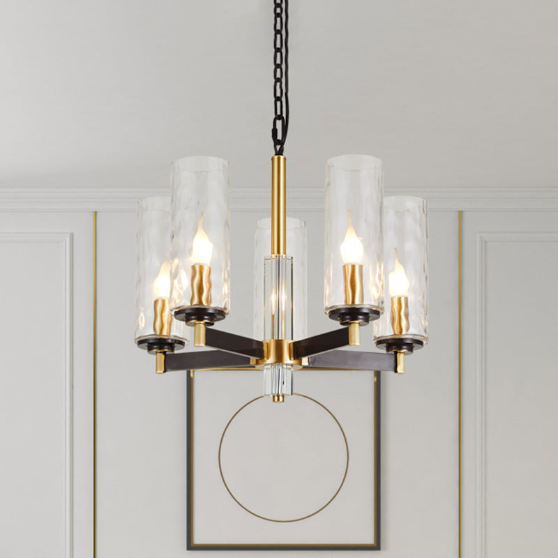 Vintage Cylinder Chandelier Lighting Fixture 3/5/6 Bulbs Clear Water Glass Pendant Lamp in Black and Gold Clearhalo 'Ceiling Lights' 'Chandeliers' Lighting' options 1456401