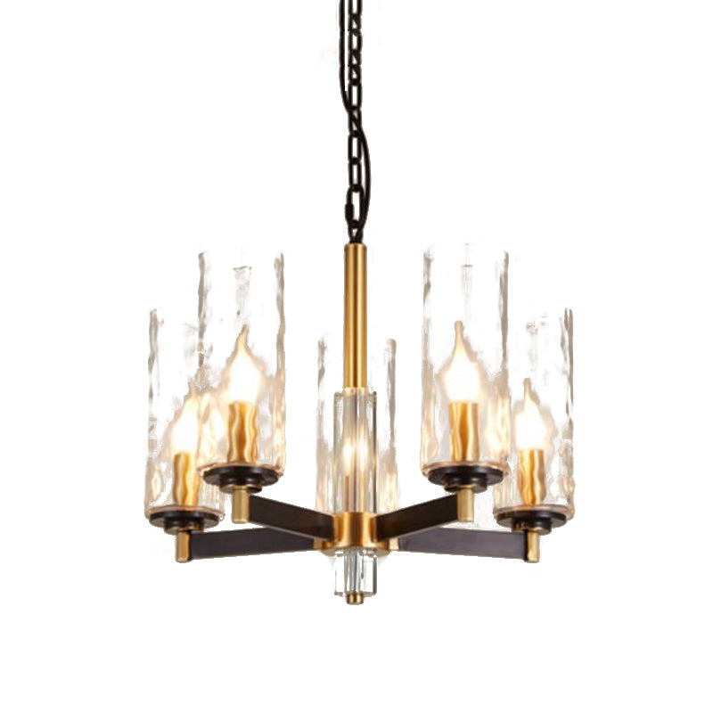 Vintage Cylinder Chandelier Lighting Fixture 3/5/6 Bulbs Clear Water Glass Pendant Lamp in Black and Gold Clearhalo 'Ceiling Lights' 'Chandeliers' Lighting' options 1456402