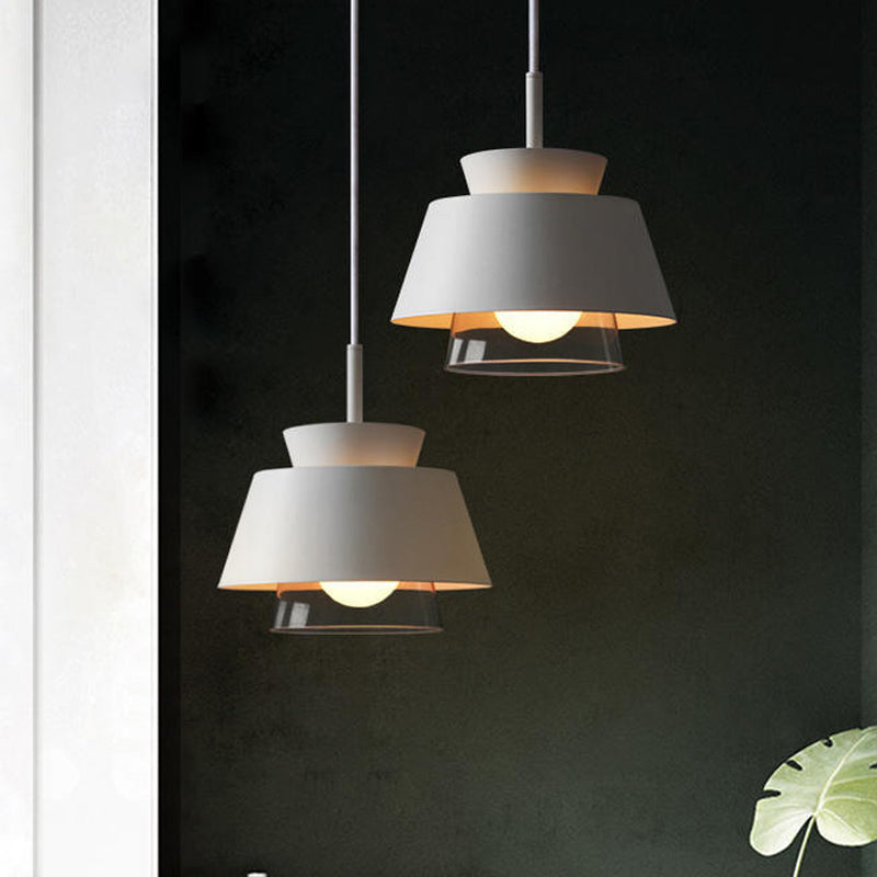 2 Tiers Shade Hanging Pendant Light Minimalist Iron Single Black/White Ceiling Lamp with Transparent Glass Shade Inside Clearhalo 'Ceiling Lights' 'Modern Pendants' 'Modern' 'Pendant Lights' 'Pendants' Lighting' 1456423