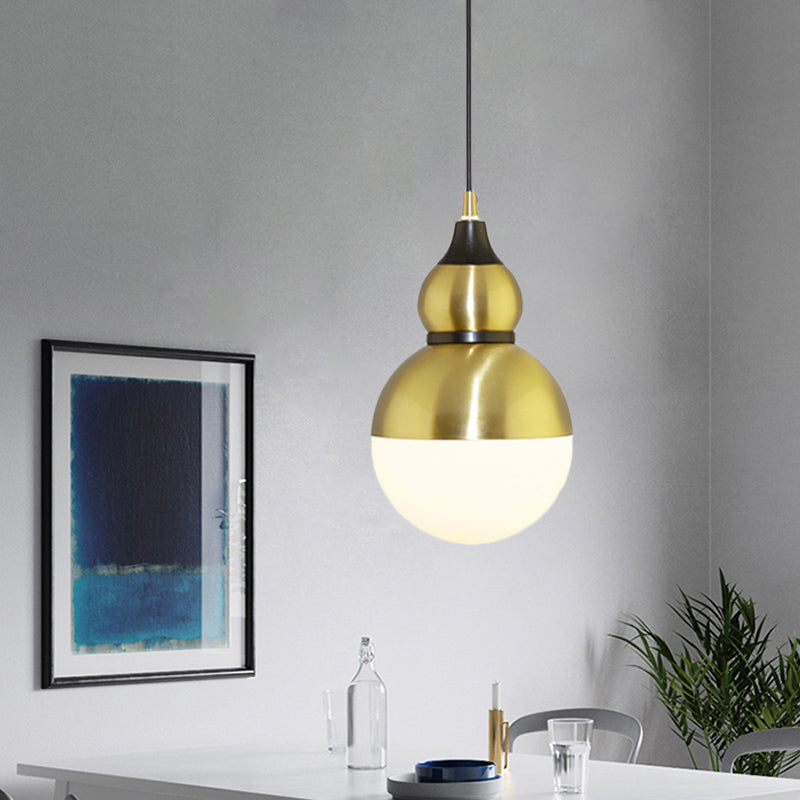 Black/Brass Gourd Shaped Pendant Lamp Mid Century Metal 1 Light Pendulum Light with Bottom White Glass Diffuser Clearhalo 'Ceiling Lights' 'Glass shade' 'Glass' 'Modern Pendants' 'Modern' 'Pendant Lights' 'Pendants' Lighting' 1456446