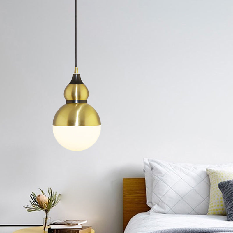 Black/Brass Gourd Shaped Pendant Lamp Mid Century Metal 1 Light Pendulum Light with Bottom White Glass Diffuser Clearhalo 'Ceiling Lights' 'Glass shade' 'Glass' 'Modern Pendants' 'Modern' 'Pendant Lights' 'Pendants' Lighting' 1456447