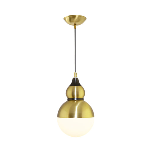Black/Brass Gourd Shaped Pendant Lamp Mid Century Metal 1 Light Pendulum Light with Bottom White Glass Diffuser Clearhalo 'Ceiling Lights' 'Glass shade' 'Glass' 'Modern Pendants' 'Modern' 'Pendant Lights' 'Pendants' Lighting' 1456448
