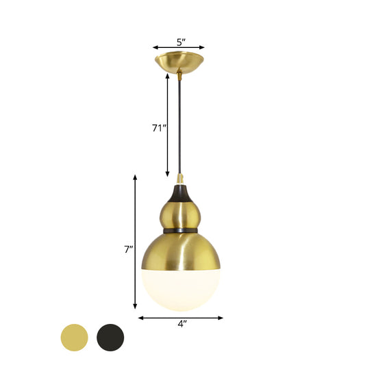 Black/Brass Gourd Shaped Pendant Lamp Mid Century Metal 1 Light Pendulum Light with Bottom White Glass Diffuser Clearhalo 'Ceiling Lights' 'Glass shade' 'Glass' 'Modern Pendants' 'Modern' 'Pendant Lights' 'Pendants' Lighting' 1456449