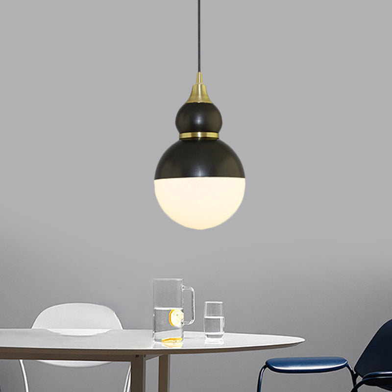 Black/Brass Gourd Shaped Pendant Lamp Mid Century Metal 1 Light Pendulum Light with Bottom White Glass Diffuser Clearhalo 'Ceiling Lights' 'Glass shade' 'Glass' 'Modern Pendants' 'Modern' 'Pendant Lights' 'Pendants' Lighting' 1456451