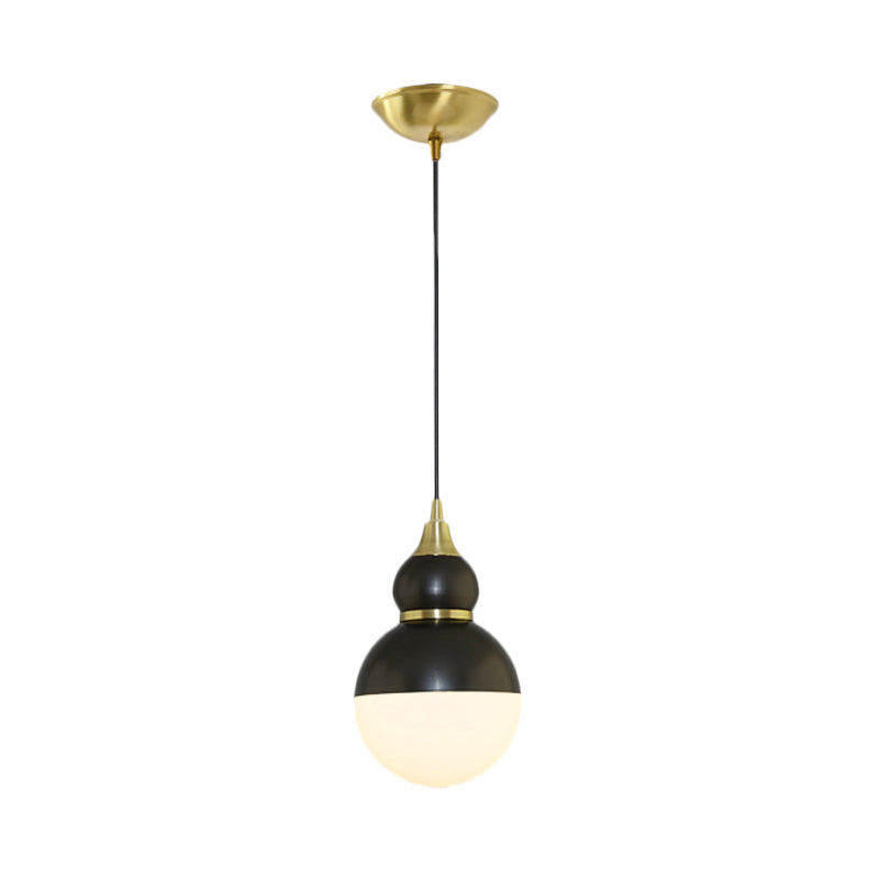 Black/Brass Gourd Shaped Pendant Lamp Mid Century Metal 1 Light Pendulum Light with Bottom White Glass Diffuser Clearhalo 'Ceiling Lights' 'Glass shade' 'Glass' 'Modern Pendants' 'Modern' 'Pendant Lights' 'Pendants' Lighting' 1456453