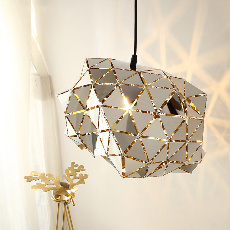 Stainless Steel Laser Cut Panel Pendant Modern Novelty 1-Light Silver Hanging Light Fixture, 10"/14" Width Silver 14" Clearhalo 'Ceiling Lights' 'Modern Pendants' 'Modern' 'Pendant Lights' 'Pendants' Lighting' 1456454