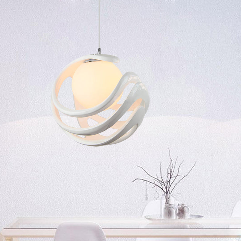 Resin Curled Cage Pendant Lighting Modern 1 Bulb White Ceiling Lamp with Orb Milk Glass Shade Clearhalo 'Ceiling Lights' 'Glass shade' 'Glass' 'Modern Pendants' 'Modern' 'Pendant Lights' 'Pendants' Lighting' 1456476