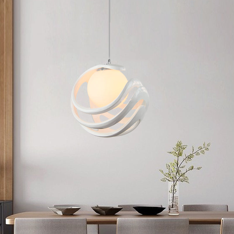 Resin Curled Cage Pendant Lighting Modern 1 Bulb White Ceiling Lamp with Orb Milk Glass Shade Clearhalo 'Ceiling Lights' 'Glass shade' 'Glass' 'Modern Pendants' 'Modern' 'Pendant Lights' 'Pendants' Lighting' 1456477