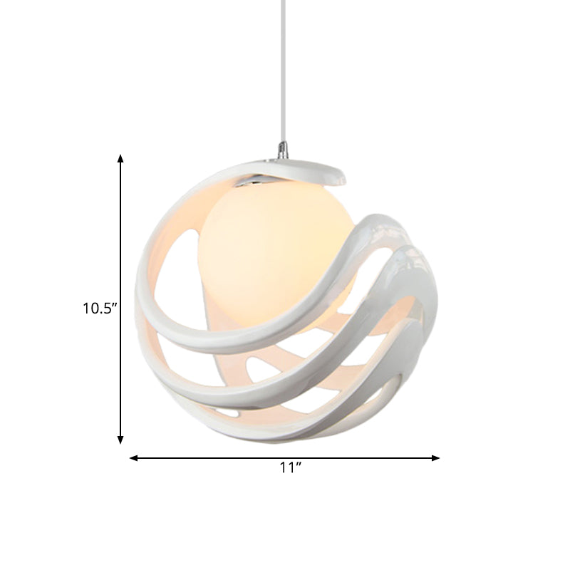 Resin Curled Cage Pendant Lighting Modern 1 Bulb White Ceiling Lamp with Orb Milk Glass Shade Clearhalo 'Ceiling Lights' 'Glass shade' 'Glass' 'Modern Pendants' 'Modern' 'Pendant Lights' 'Pendants' Lighting' 1456479