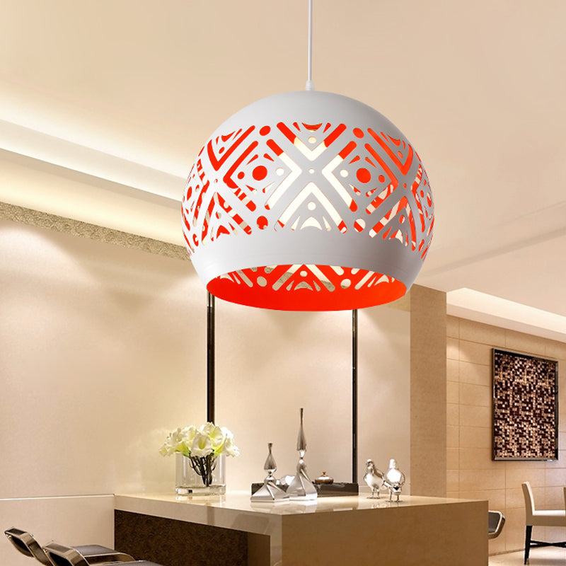 Hollowed Out Dome Iron Pendulum Light Modernist 1 Light White and Red Inner Pendant Lighting Fixture Clearhalo 'Ceiling Lights' 'Modern Pendants' 'Modern' 'Pendant Lights' 'Pendants' Lighting' 1456491