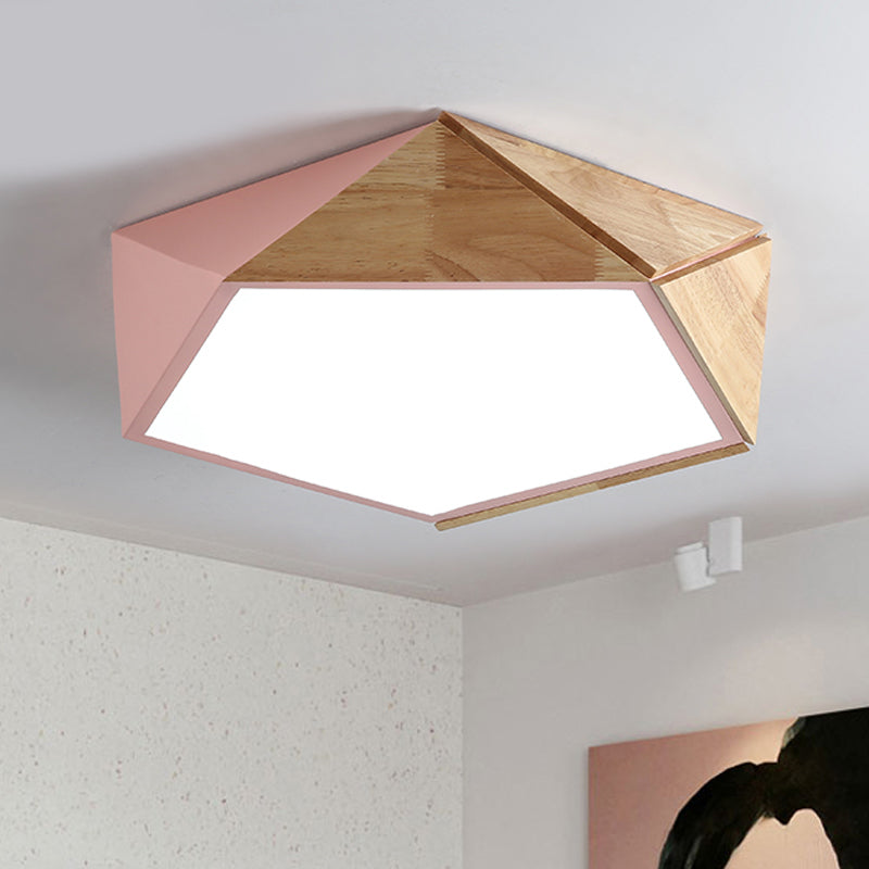 Wood Splicing 3D Pentangle Ceiling Flush Macaron Pink/Green LED Flush Mounted Lamp in Warm/White Light, 16.5/20.5 Inch Wide Pink Clearhalo 'Ceiling Lights' 'Close To Ceiling Lights' 'Close to ceiling' 'Flush mount' Lighting' 1456543