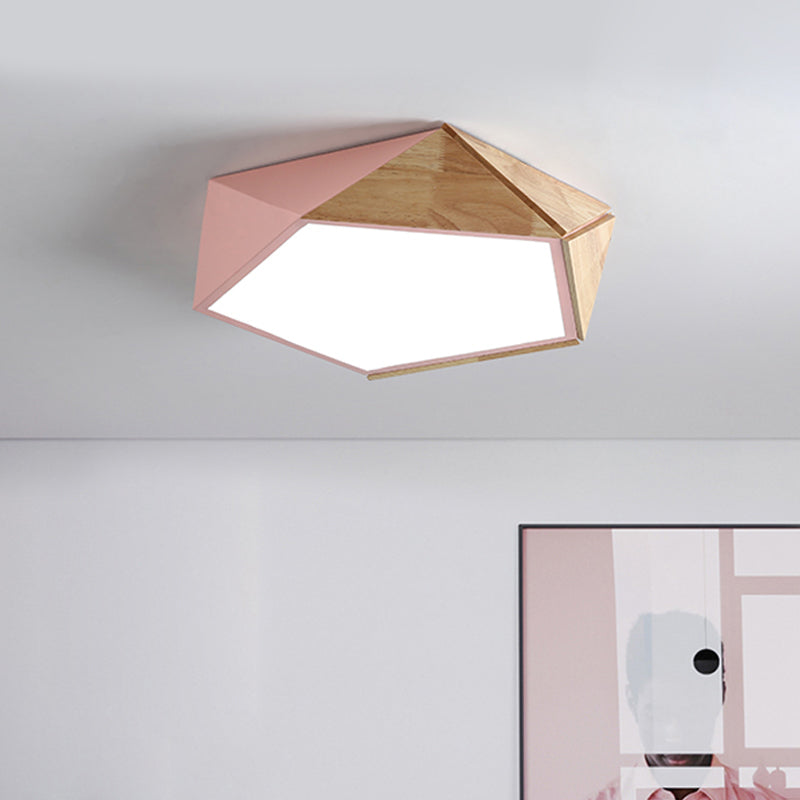 Wood Splicing 3D Pentangle Ceiling Flush Macaron Pink/Green LED Flush Mounted Lamp in Warm/White Light, 16.5/20.5 Inch Wide Clearhalo 'Ceiling Lights' 'Close To Ceiling Lights' 'Close to ceiling' 'Flush mount' Lighting' 1456545