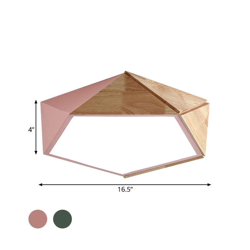 Wood Splicing 3D Pentangle Ceiling Flush Macaron Pink/Green LED Flush Mounted Lamp in Warm/White Light, 16.5/20.5 Inch Wide Clearhalo 'Ceiling Lights' 'Close To Ceiling Lights' 'Close to ceiling' 'Flush mount' Lighting' 1456547