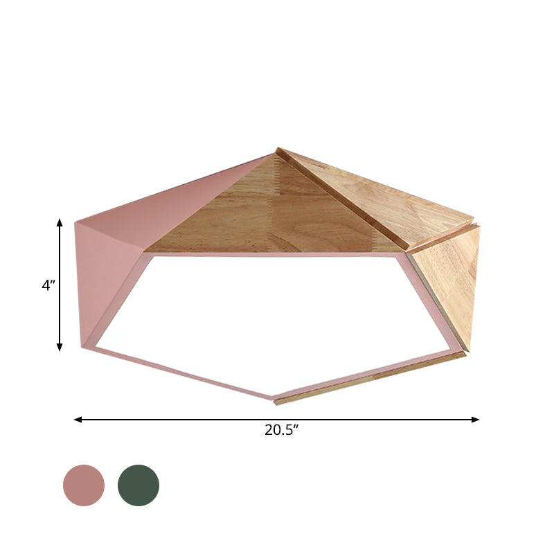 Wood Splicing 3D Pentangle Ceiling Flush Macaron Pink/Green LED Flush Mounted Lamp in Warm/White Light, 16.5/20.5 Inch Wide Clearhalo 'Ceiling Lights' 'Close To Ceiling Lights' 'Close to ceiling' 'Flush mount' Lighting' 1456548