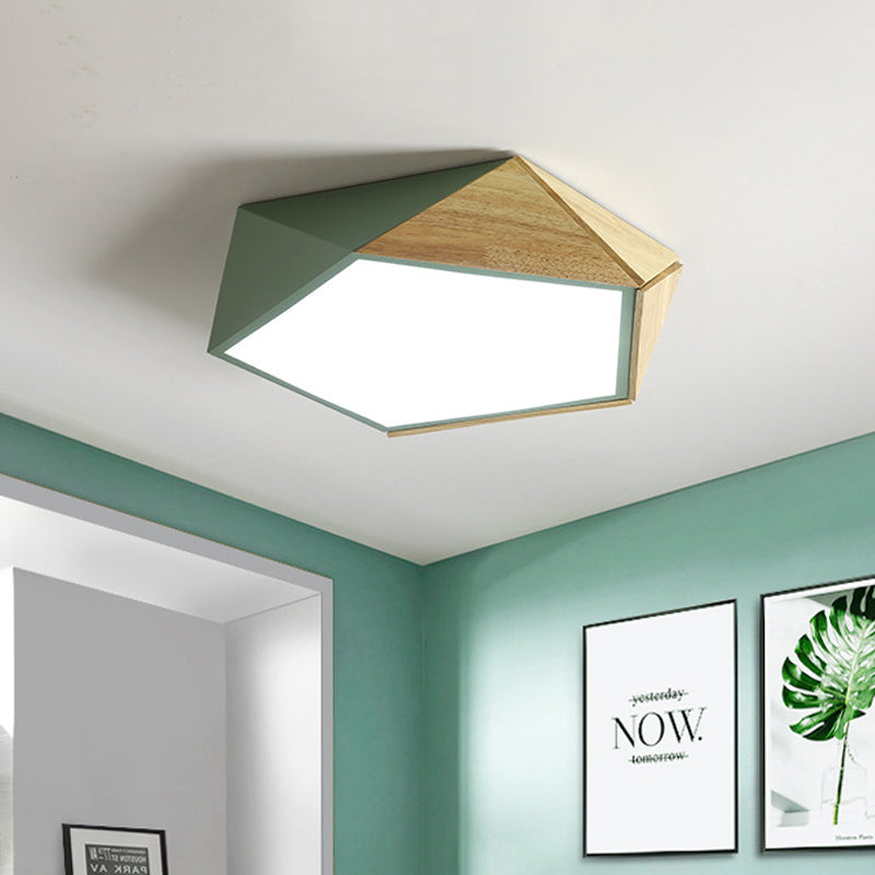 Wood Splicing 3D Pentangle Ceiling Flush Macaron Pink/Green LED Flush Mounted Lamp in Warm/White Light, 16.5/20.5 Inch Wide Clearhalo 'Ceiling Lights' 'Close To Ceiling Lights' 'Close to ceiling' 'Flush mount' Lighting' 1456551