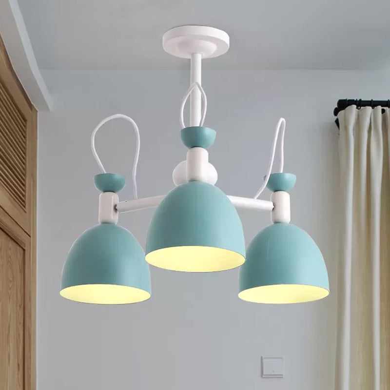 Inverted Goblet Dinette Chandelier Iron 3/6 Heads Macaron Ceiling Suspension Lamp in Blue and White 3 Blue Clearhalo 'Ceiling Lights' 'Chandeliers' 'Modern Chandeliers' 'Modern' Lighting' 1456572