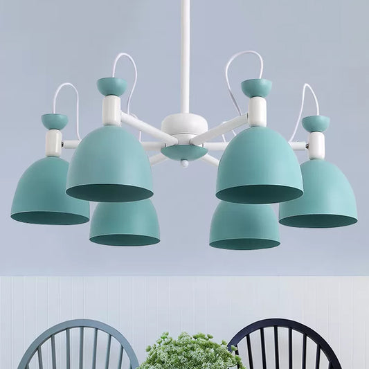 Inverted Goblet Dinette Chandelier Iron 3/6 Heads Macaron Ceiling Suspension Lamp in Blue and White 6 Blue Clearhalo 'Ceiling Lights' 'Chandeliers' 'Modern Chandeliers' 'Modern' Lighting' 1456577