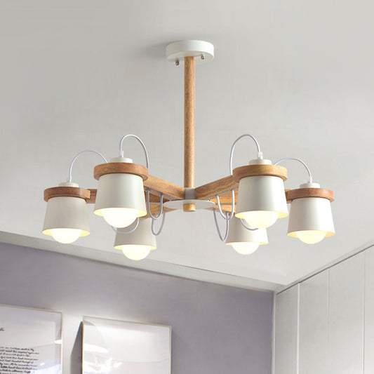 Wheel Style Wood Semi Flush Nordic 6 Bulbs White Ceiling Mount Chandelier with Barrel Lampshade White Clearhalo 'Ceiling Lights' 'Close To Ceiling Lights' 'Close to ceiling' 'Semi-flushmount' Lighting' 1456582