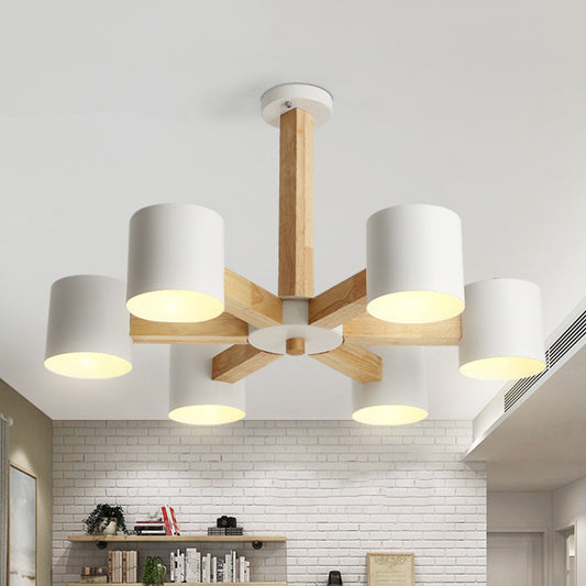 Cylindrical Lounge Ceiling Lamp Metal 6 Heads Nordic Semi Flush Mount Chandelier in White with Wood Burst Designed Stem White Clearhalo 'Ceiling Lights' 'Close To Ceiling Lights' 'Close to ceiling' 'Semi-flushmount' Lighting' 1456587