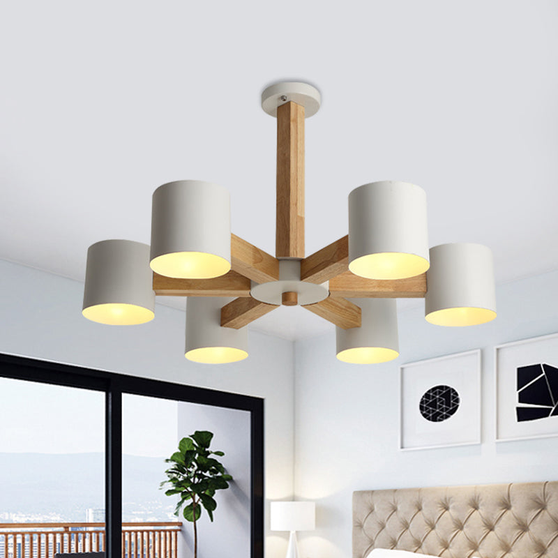 Cylindrical Lounge Ceiling Lamp Metal 6 Heads Nordic Semi Flush Mount Chandelier in White with Wood Burst Designed Stem Clearhalo 'Ceiling Lights' 'Close To Ceiling Lights' 'Close to ceiling' 'Semi-flushmount' Lighting' 1456588