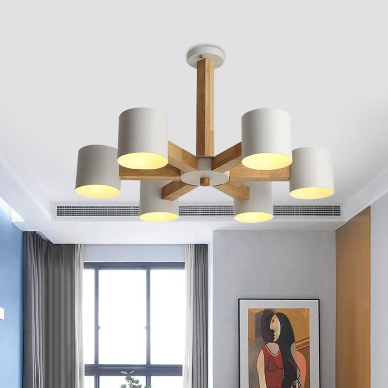 Cylindrical Lounge Ceiling Lamp Metal 6 Heads Nordic Semi Flush Mount Chandelier in White with Wood Burst Designed Stem Clearhalo 'Ceiling Lights' 'Close To Ceiling Lights' 'Close to ceiling' 'Semi-flushmount' Lighting' 1456589