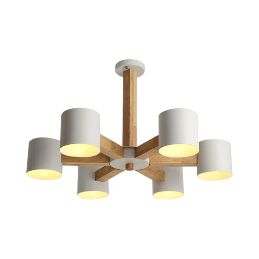 Cylindrical Lounge Ceiling Lamp Metal 6 Heads Nordic Semi Flush Mount Chandelier in White with Wood Burst Designed Stem Clearhalo 'Ceiling Lights' 'Close To Ceiling Lights' 'Close to ceiling' 'Semi-flushmount' Lighting' 1456590