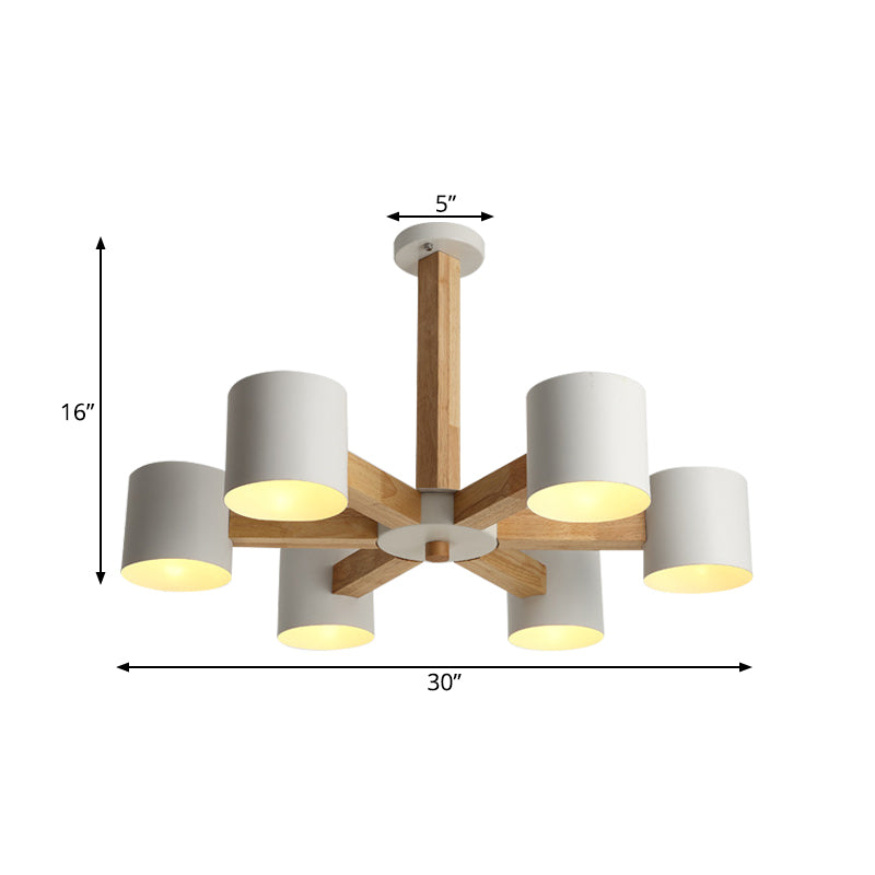 Cylindrical Lounge Ceiling Lamp Metal 6 Heads Nordic Semi Flush Mount Chandelier in White with Wood Burst Designed Stem Clearhalo 'Ceiling Lights' 'Close To Ceiling Lights' 'Close to ceiling' 'Semi-flushmount' Lighting' 1456591