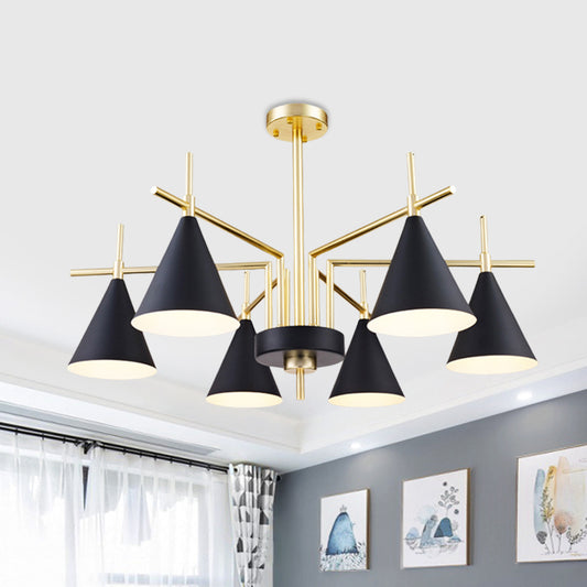 Mid Century Conic Iron Semi Flush 6-Light Flush Mount Ceiling Chandelier in Black-Gold with Radial Design for Bedroom Black Clearhalo 'Ceiling Lights' 'Close To Ceiling Lights' 'Close to ceiling' 'Semi-flushmount' Lighting' 1456620