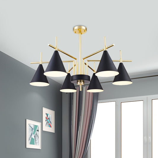Mid Century Conic Iron Semi Flush 6-Light Flush Mount Ceiling Chandelier in Black-Gold with Radial Design for Bedroom Clearhalo 'Ceiling Lights' 'Close To Ceiling Lights' 'Close to ceiling' 'Semi-flushmount' Lighting' 1456622