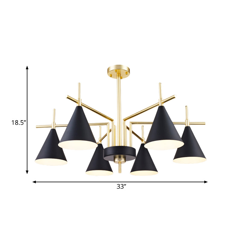 Mid Century Conic Iron Semi Flush 6-Light Flush Mount Ceiling Chandelier in Black-Gold with Radial Design for Bedroom Clearhalo 'Ceiling Lights' 'Close To Ceiling Lights' 'Close to ceiling' 'Semi-flushmount' Lighting' 1456624