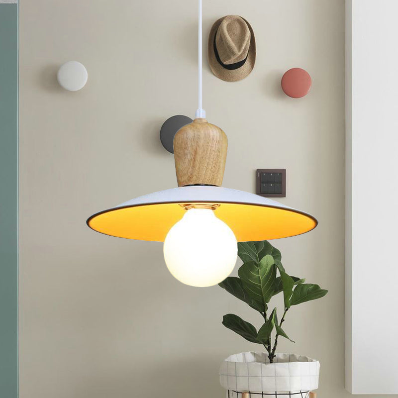 Nordic Flying Saucer Pendant Lamp Iron Single Bulb Sitting Room Pendulum Light in White/Black-Wood White Clearhalo 'Ceiling Lights' 'Modern Pendants' 'Modern' 'Pendant Lights' 'Pendants' Lighting' 1456671