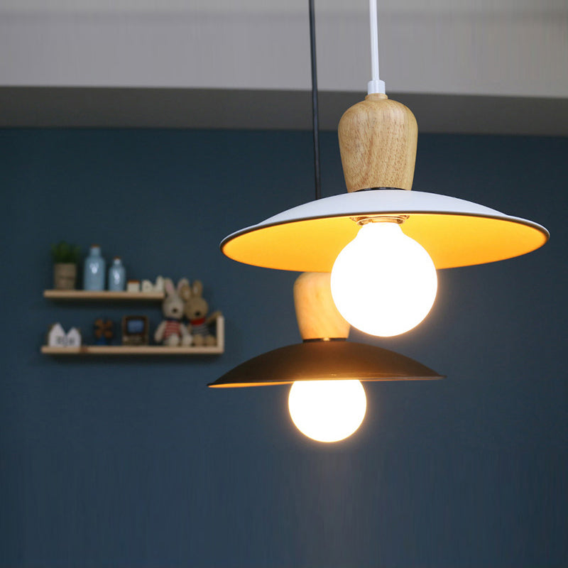 Nordic Flying Saucer Pendant Lamp Iron Single Bulb Sitting Room Pendulum Light in White/Black-Wood Clearhalo 'Ceiling Lights' 'Modern Pendants' 'Modern' 'Pendant Lights' 'Pendants' Lighting' 1456672