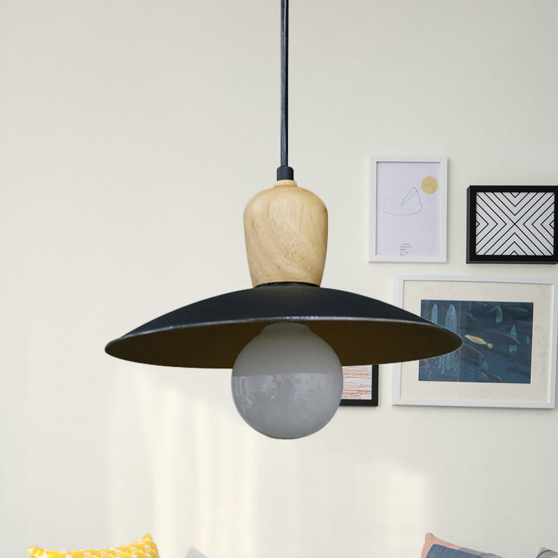 Nordic Flying Saucer Pendant Lamp Iron Single Bulb Sitting Room Pendulum Light in White/Black-Wood Black Clearhalo 'Ceiling Lights' 'Modern Pendants' 'Modern' 'Pendant Lights' 'Pendants' Lighting' 1456676