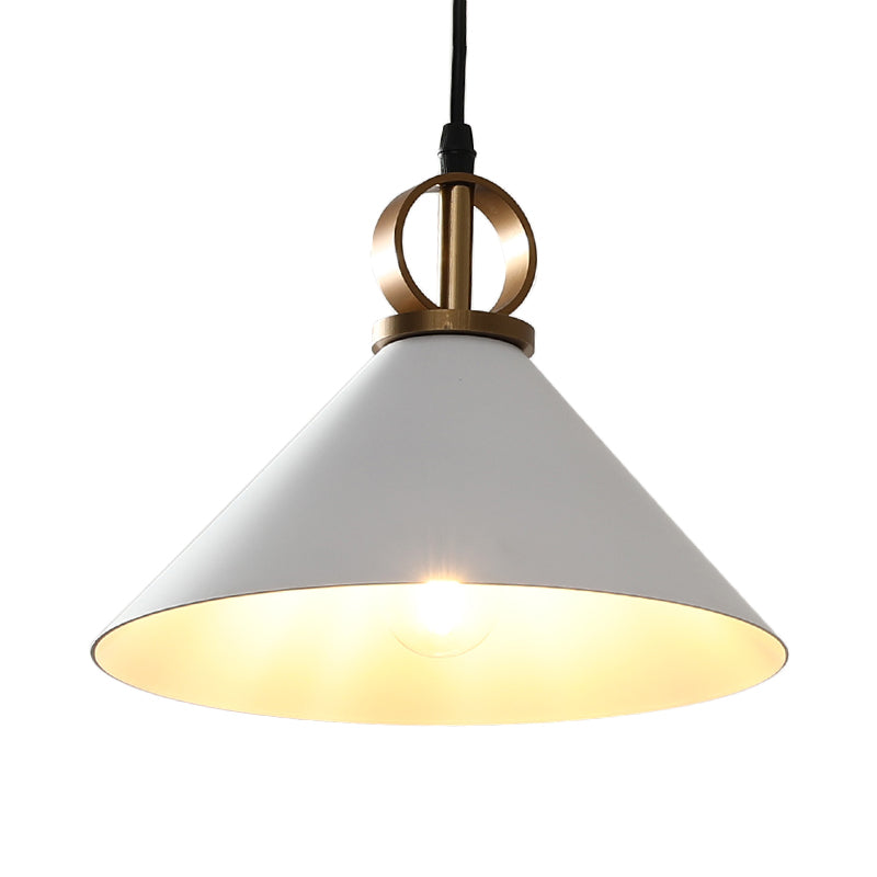 Conical Dining Table Suspension Light Metal 1 Head Minimalist Pendant Lamp in White with Ring Knob Clearhalo 'Ceiling Lights' 'Modern Pendants' 'Modern' 'Pendant Lights' 'Pendants' Lighting' 1456687