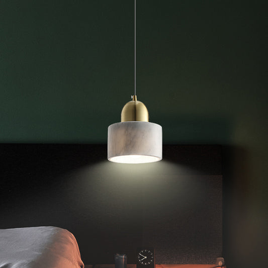 1-Light Bedside Hanging Lamp Minimalist White Pendant Light with Drum Marble Shade and Gold Dome Top Clearhalo 'Ceiling Lights' 'Modern Pendants' 'Modern' 'Pendant Lights' 'Pendants' Lighting' 1456739