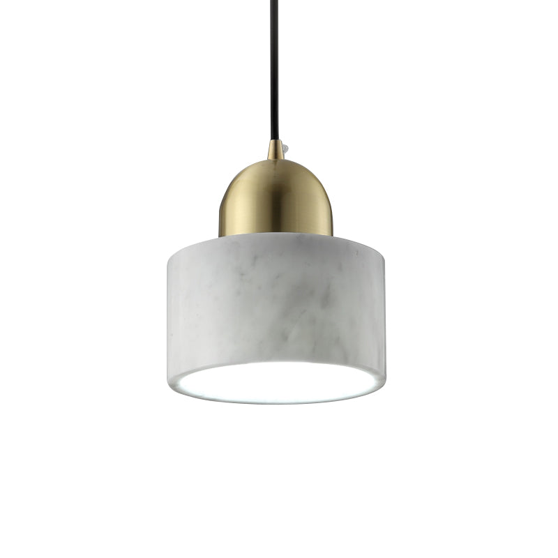 1-Light Bedside Hanging Lamp Minimalist White Pendant Light with Drum Marble Shade and Gold Dome Top Clearhalo 'Ceiling Lights' 'Modern Pendants' 'Modern' 'Pendant Lights' 'Pendants' Lighting' 1456740