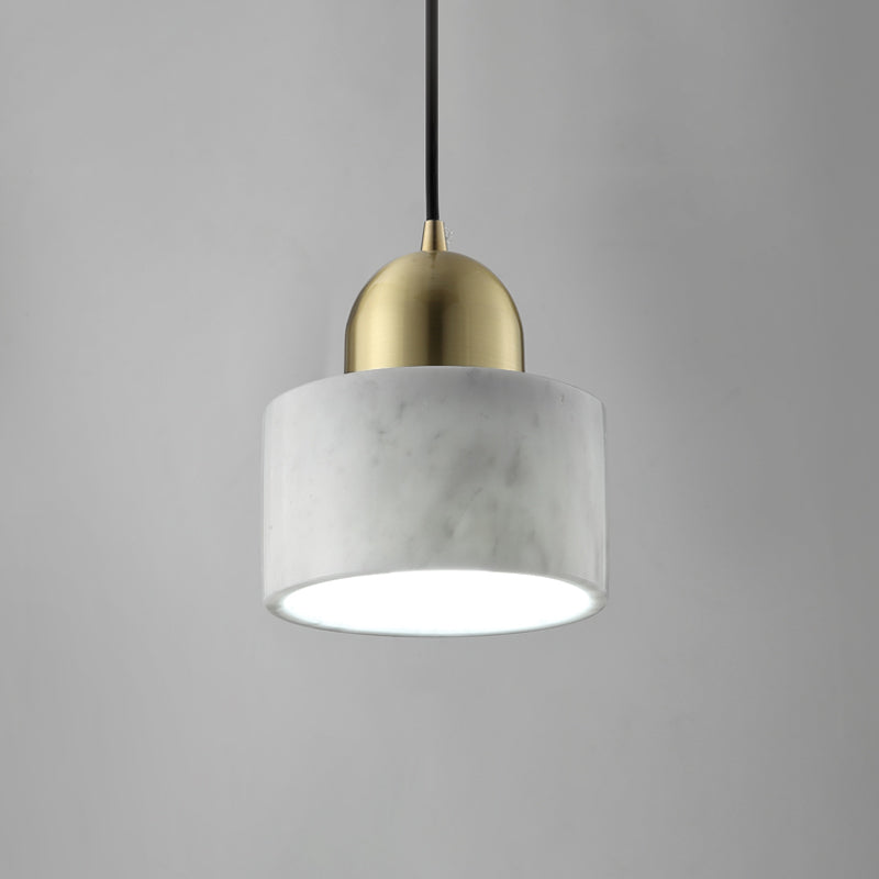 1-Light Bedside Hanging Lamp Minimalist White Pendant Light with Drum Marble Shade and Gold Dome Top Clearhalo 'Ceiling Lights' 'Modern Pendants' 'Modern' 'Pendant Lights' 'Pendants' Lighting' 1456741