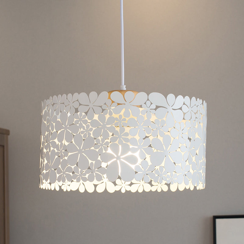 Cutout Petals Drum Iron Pendant Lamp Modern 1 Head White Hanging Ceiling Light for Dining Room White Clearhalo 'Ceiling Lights' 'Modern Pendants' 'Modern' 'Pendant Lights' 'Pendants' Lighting' 1456743