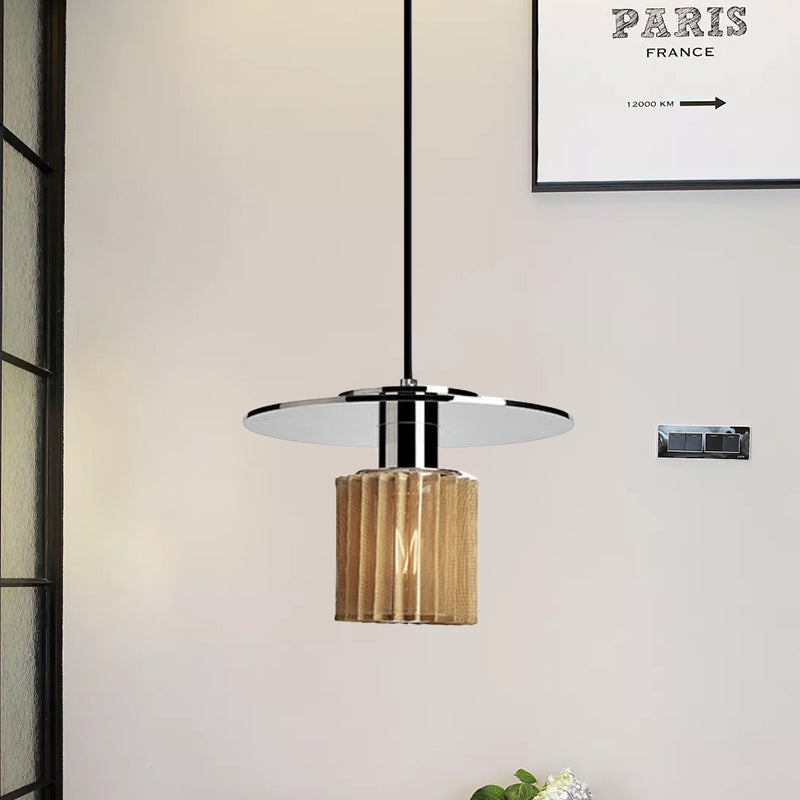 Designer 1 Light Pendant Light Kit Ribbed Glass Chrome Mini Drum Ceiling Lamp with Flat Top Clearhalo 'Ceiling Lights' 'Modern Pendants' 'Modern' 'Pendant Lights' 'Pendants' Lighting' 1456759